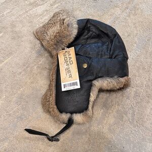 Mad‎ Bomber Bomber Leather 305LBLK medium real rabbit fur black leather new